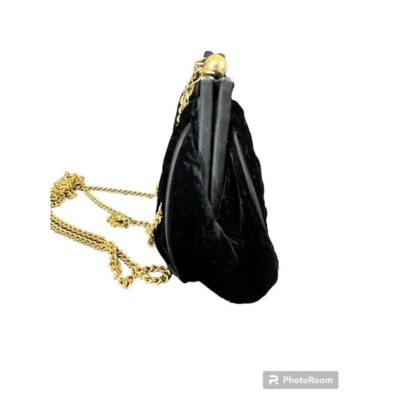 Vintage Bechamel Black Crushed Velvet Evening Bag Long Gold Tone Chain Hinged - Picture 4 of 10